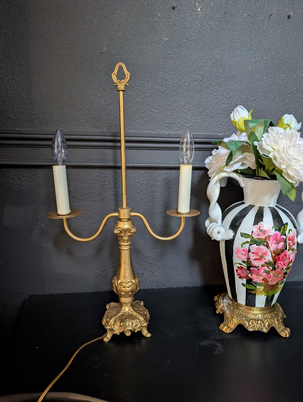 Vintage Ornate Footed Double Arm Cast Metal Candlestick Table Lamp, 23" (no shad